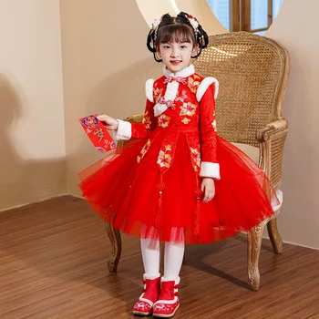 Ziemas Bērni Jauno Gadu Kleita Ķīniešu Jauki Tang Uzvalks Meiteņu Kokvilnas Izšuvumi Kokvilnas polsterējumu Drēbes Bērniem Seno Hanfu