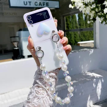 Samsung Galaxy Z Flip 3 4 5G Grūti, Ja ar Rokassprādzi 3D Mīlestību Sirdī Atpakaļ Gadījumā, ja Aizsardzības Triecienizturīgs Telefona Vāciņš Women2022
