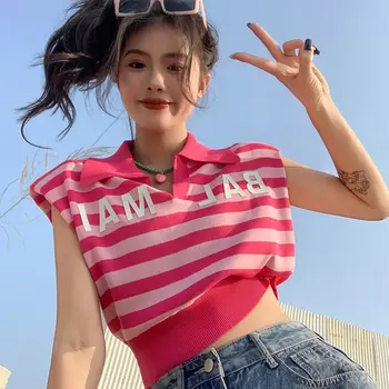 Polo apkakle bez piedurknēm, vestes T-krekls sieviešu vasaras korejiešu versija 2022 jaunu salda un pikanta svītrainām vēstuli visu maču īss augšu