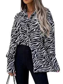 Sieviešu Topi Zebra-Svītru Leopards Drukāt Atloks ar garām Piedurknēm Vaļēju Pogu uz Leju Krekls Pavasara Apģērbs S M L XL