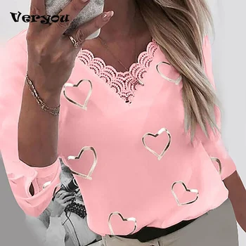 Ir 2021. Modes Sievietes Ikdienas Vasaras T-krekli Mīlestība Iespiesti Raibs V-veida kakla t-veida Kreklu ar garām Piedurknēm Balts Tops Plus Izmērs S-3XL Tshirts