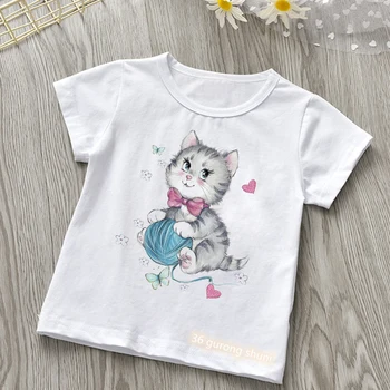 Nesen bērni tshirt gudrs tauriņš kaķis karikatūra izdrukāt meiteņu t-krekls modes gadījuma dzīvnieku grafiskais zēnu t krekls balts tops vairumtirdzniecība