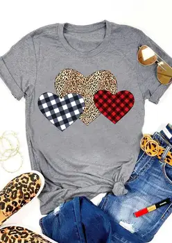 Pleds Leopard Sirds, T-Krekls Ikdienas Īsās Piedurknes Valentīna Diena Dāvanu Grafiskais Grunge Tee 100% Kokvilnas Valentīna Sirds Topi Tērpiem