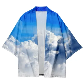 Vasaras kimono stila krekls zilas debesis un balti mākoņi, svītrainām mākslas krekls gadījuma beach vīriešu un sieviešu vasaras Topi