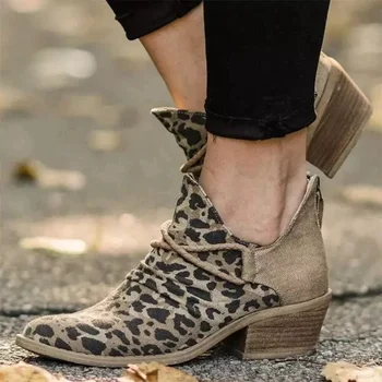 Rudens un ziemas sieviešu kurpes jaunas pointy kvadrātveida papēdi leopards drukāt modes potītes zābaki sieviešu liela izmēra Punk sieviešu zābaki