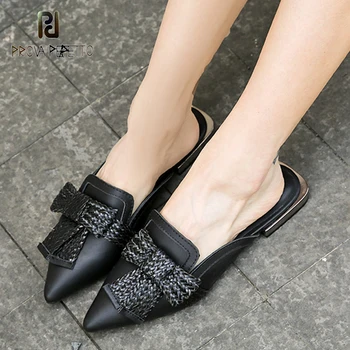 Jaunas vasaras pātagot gadījuma arī gludi austie audumi bowknot Muller kurpes sekla muti metāla papēdi melnā modes pusi čības