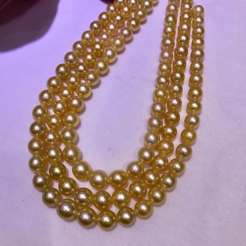 9-12mm Liela Izmēra Dabas Nekustamā Apaļas Formas Southsea Zelta Krāsas Pērļu Kaklarota Īstu Pērli Daļa String 39cm Ilgi
