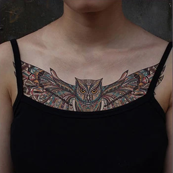 Pagaidu Krūts atpakaļ Tetovējumu Uzlīmes krāsu pūce putnu totem Viltus Tetovējums Flash Tatto Ūdensizturīgs liels Ķermeņa Mākslu, Sieviete, vīrietis, bērns,