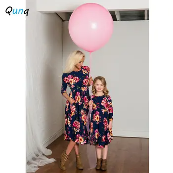 Qunq Spring & Autumn Jaunu Jauki Vecāku Un Bērnu Apģērbs O Apkakli, Garām Piedurknēm Drukāt Gadījuma Kleita Mamma Un Meita Atbilstošas Drēbes