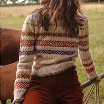 Sieviešu Vintage Žakarda Džemperi O-veida kakla garām Piedurknēm Dāmas Krāsu Raibs Džemperis