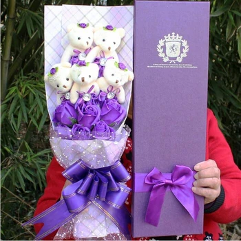 Plīša lācis violeta simulācijas ziedu karikatūra plīša pastic pušķis Valentīna Dienā, dzimšanas diena Dāvanas, skaistu ziedu