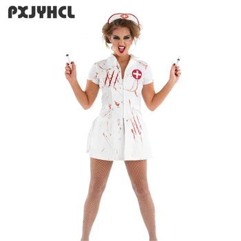 Sievietes Māsa Sexy Cosplay Tērpu Halloween Puse Valkā Baltu Biedējošu Asins Lomu Spēlē Spēles Zombie Noslēpt Fancy Sieviešu Kleita Pieaugušo