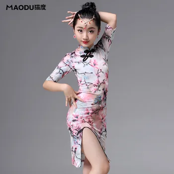 Augstu uzrullētu apkakli Ziedu drukāt placketing latīņamerikas deju viengabala kleita maza meitene/bērniem balles Ķīniešu Stila kostīms MD8123
