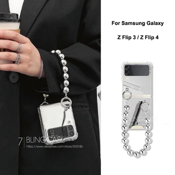 Sudraba Rhinestone Aproce Spogulis Tālrunis case For Samsung Galaxy Z Flip 3 4 Rokas Ķēdes Triecienizturīgs Vāks