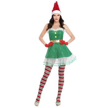 Jaunā Sieviešu Seksīgā Ziemassvētku Zaļo Elfu Tērpu Ziemsvētki Puse Cosplay Masku Santa Palīgs Elf Kleita un Cepure Uzvalks