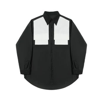 Vīriešu liela izmēra pavasara melnā un baltā salikuma nelielu pūlī dizaina brīvs krekls ar garām piedurknēm vīriešiem korejas izdevums modes krekls