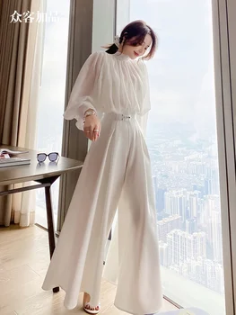 Balta plaša kāju bikses sievietēm 2023 Jauno Vasaras Augsta vidukļa Slim temperaments Slavenību Dieviete Ventilators korejiešu versija draping jumpsuit