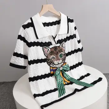 Vasaras 2022 Jaunu Modes Karikatūra Kaķis Izšuvumi Fāzēm Hit Krāsu Svītras Salds Visu Maču Trikotāžas Džemperis Īsām Piedurknēm Augšu