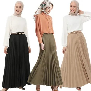 Sievietes Augstu Vidukļa Kroku Maxi Svārki Pavasarī Ilgi Svārki, Turku Dubaija Gruntis Islāma Apģērba Tīrtoņa Krāsu-Line Musulman Jupes