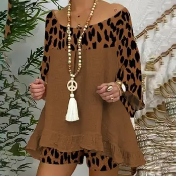Savirmot Hem 2gab/Set Elegants Vintage Leopard Raibs Top Bikses Kopa Comfy Vasaras Apģērbs O-veida kakla, lai Iet