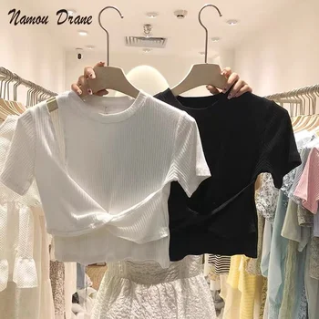 Namou Drane 2022 Vasaras korejiešu Versiju, Jaunā Modes Salds Pleca Dizaina Krusta Īss T-krekls ar Īsām Piedurknēm Top par Sievietēm