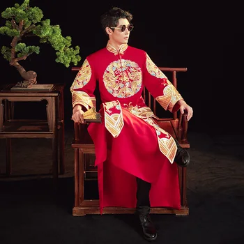 Līgavainis Kāzu Kleitu Apģērbu Laulības Tang Uzvalks Ķīniešu Stilā Vintage Vīriešu Sarkans Pūķis, Izšuvumi Qipao