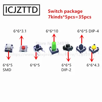 35pcs 6*6*5mm 6x6x4.3mm 6*6*3.1 mm 6*6*10mm touch switch 4 pēdas Jog pogu Indukcijas plīts panelis četras Mini-foot switch pakete