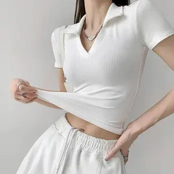 Tīrtoņa Krāsu Izdilis T-krekli Savukārt Apkakle Īsām piedurknēm, Sieviešu T-krekls Vasaras 2022 Jaunu Streetwear Kultūraugu Top Sieviešu Apģērbs