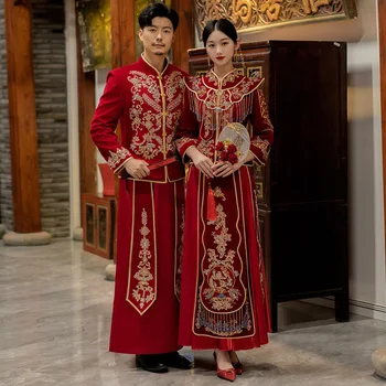 Pāris Sarkans Velūra Izšuvumi Pušķi, Kāzu Kleitu Elegants Mandarīnu Apkakles Laulības Cheongsam