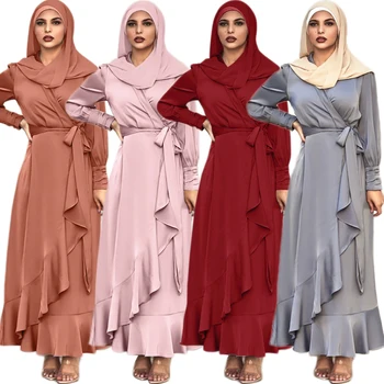 Musulmaņu Sieviešu Garo Kleitu Modes Savirmot Abaya Islāma arābu V-veida kakla Turcijā, Tuvajos Austrumos, Dubaija Jostas Maxi Drēbes Kleita Satīna Ramadan
