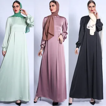 Elegants Musulmaņu Satīna Gara Kleita Sievietēm Abaya Garām Piedurknēm Puff Piedurknēm Puse Kāzu Arābu Tuvajos Austrumos Maxi Drēbes Islāma Ramadan