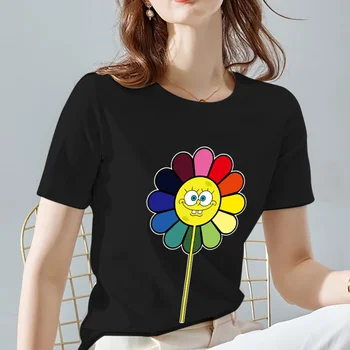 Sieviešu Modes Topi Margrietiņas Modelis Print T-Krekls Melns Visas spēles Regulāri Īsām Piedurknēm Topi Dāmas O-veida Kakla t-veida Sieviešu Apģērbi