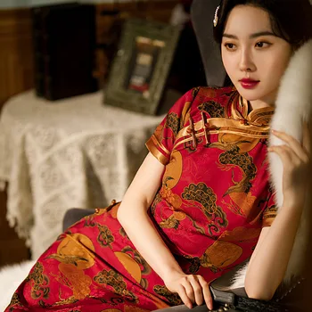 Sievietes Ilgi Oficiālā Puse Kleita Mandarīnu Apkakles Cheongsam Pusē Sadalīt Sarkano Retro Qipao Kleita Vintage Pogu Vestidos Ķīniešu Kleitas