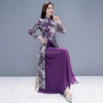 Vjetnama garām piedurknēm ao dai kleita sievietēm tradīciju cheongsam qipao plus lieluma purpura ziedu drukāt slim stila eleganta kāzu kleita