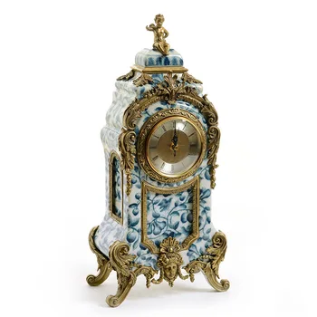 Franču sveces turētājs, zils un balts porcelāna rotas vara mākslas amatniecības pulkstenis Eiropas retro stila kulons pulkstenis Mantel pulkstenis
