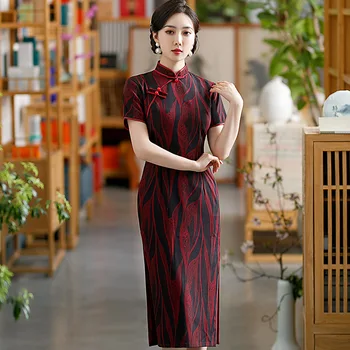 Ķīnas Pavasara Elegants Retro Tradicionālo Kleitu Iespiesti Cheongsam Qipao Sievietes Ilgi Formālā Puse Kleitas Vestidos Plus Izmēra 5XL