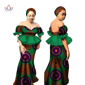 Bintarealwax Āfrikas Sieviešu Apģērbu Bazin Bagāts Off-Plecu Tops un Svārki Komplekti Plus Lieluma 2 gab. Āfrikas Apģērbu WY2701