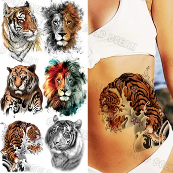 3D Tiger Ziedu Pagaidu Tetovējumiem Sievietēm, Vīriešiem Reāli Lauva, Tīģeris Viltus Tetovējums Ūdensnoturīgas Uzlīmes Sexy Kāja Tatoos Viduklis