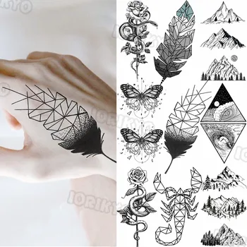 Ģeometrisko Lapu Neliela Pagaidu Tetovējumiem Sievietēm, Vīriešiem Čūska Butterfly Ziedu Kalnu Viltus Tetovējumu Uzlīmes, Rokas, Kājas Tatoos Šarmu