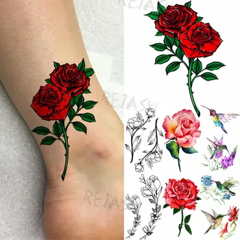 Krāsainu Rožu Lapām Pagaidu Tetovējumiem Sievietēm Pieaugušo Pušķis Kolibri Viltus Tetovējums Ūdensizturīgs Body Art Apgleznošanas Tatoos Decal