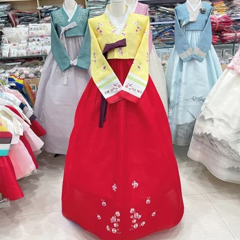 Līgavas Kāzu Hanbok Nesen Izsmalcinātu Hanbok Modes Izšuvumi korejiešu Tradicionālās Tautas Skatuves Šovs Yellow Top un Sarkana Kleita