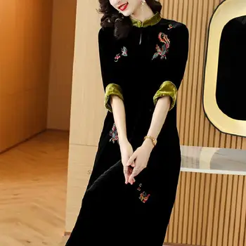 2022. gadam, ķīniešu tradicionālā kleita vintage ziedu izšuvumi samta qipao austrumu vakara puse kleita vestido retro sabiezēt qipao