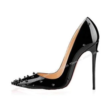 Jaunākās lakādas kniedes radzēm augstpapēžu kurpes sievieti sekla sūkņi sexy norādīja toe black pliks plānas papēžiem kurpes lady sūkņi