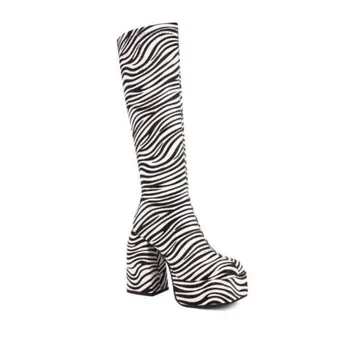 SHOFOO kurpes Modes sieviešu zābaki. Papēdis ir aptuveni 12cm augsta. Ceļa augstpapēžu zābaki. Sieviešu kvadrātveida galvu zābaki. Zebra platformas kurpes.