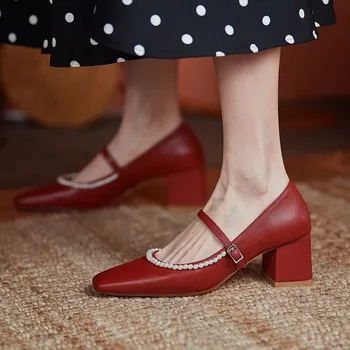 Franču dāmas sarkanās kāzu kurpes Nicespring temperaments vienkāršu kāzu, banketu biezs papēdis sieviešu kurpes salds oficiālu kurpes mujer