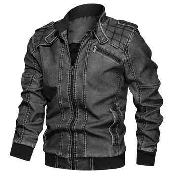 Rudens un ziemas jaunas vīriešu ādas motociklu jaka silta jaka, cieto krāsas apkakle dizains, liela izmēra PU ādas jaka
