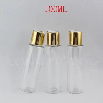 100 ML Caurspīdīgs Plastmasas Pudele Ar Zelta Alumīnija Disku Top Cap ,100CC Tukši Kosmētikas Konteineru , Šampūns / Losjons Sub-pudelēs