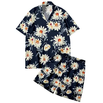 Hawaii Vīriešu Vasaras Ziedu Drukāt Krekls Un Šorti Zaudēt Īsām Piedurknēm Topi Gadījuma Pogas Pludmales Krekls Plānas Elpojošs Apģērbs