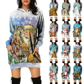 Ziemassvētku Krekls Sievietēm Festivāls Drēbes 2022 Jaunu Modes Gadījuma Ziemassvētku Drukāt Ilgi Piedurknēm, Kapuci, Kabatām Vestido
