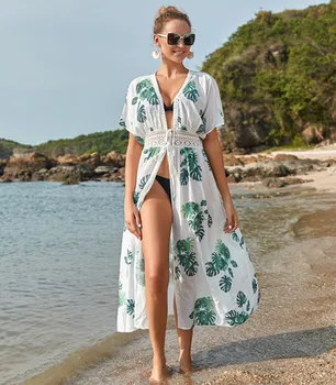 Boho Lapas Leopard Augsta Vidukļa Pludmales Kleita Saida De Praia Kimono Pareos De Playa Mujer Bikini Segt Līdz Peldkostīmu Uz Augšu